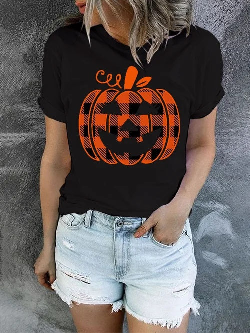 Orange Plaid Halloween Pumpkin T-Shirt